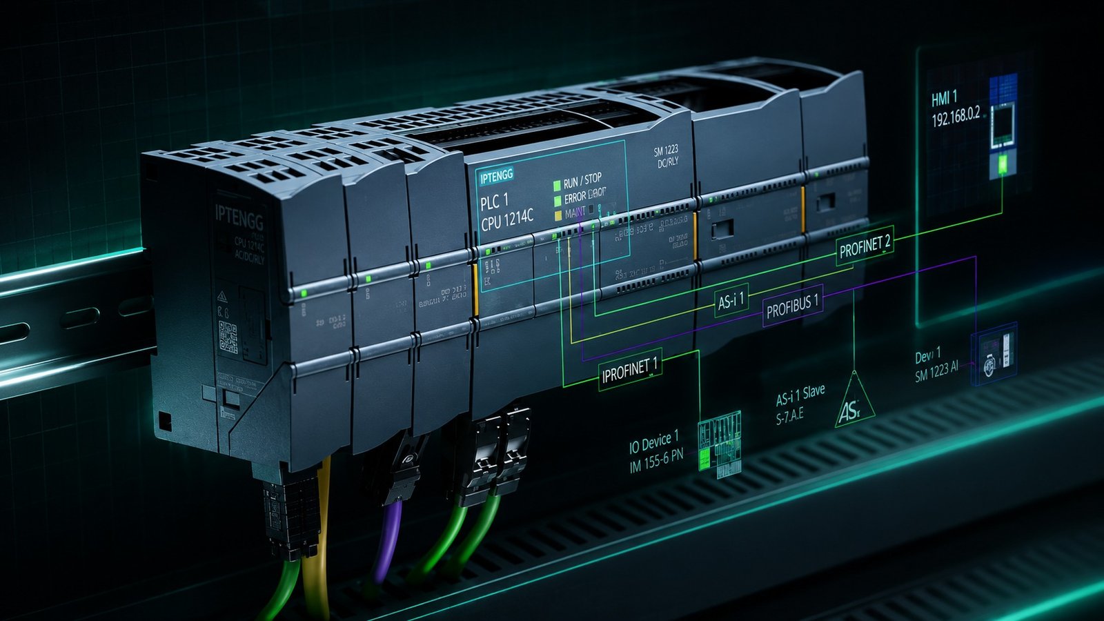 Industrial PLC module with wiring and network overlay